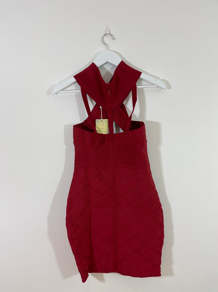 Burgundy Cross Strap Bandage Dress (Multiple Sizes)