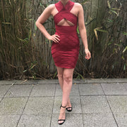 Burgundy Cross Strap Bandage Dress (Multiple Sizes)