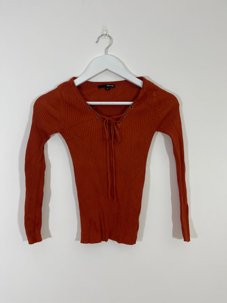 Rust Tie Up Ribbed Top (Extra Small)