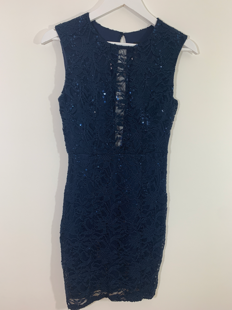 Blue Lace Sequin Detail Midi Dress (Size 10)